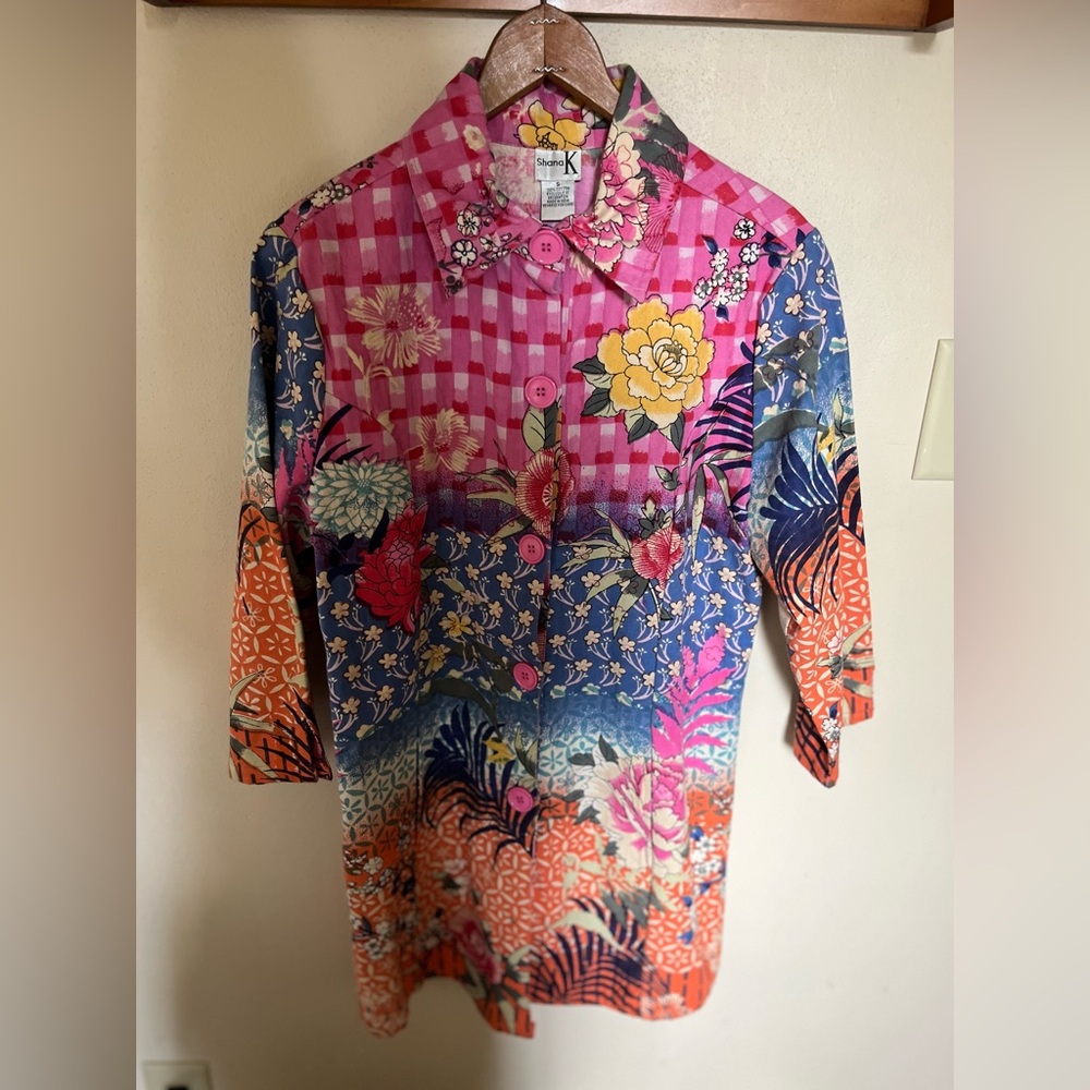Shana K. Colorful Floral Button-Up Shirt/Jacket - 100% Cotton - Small